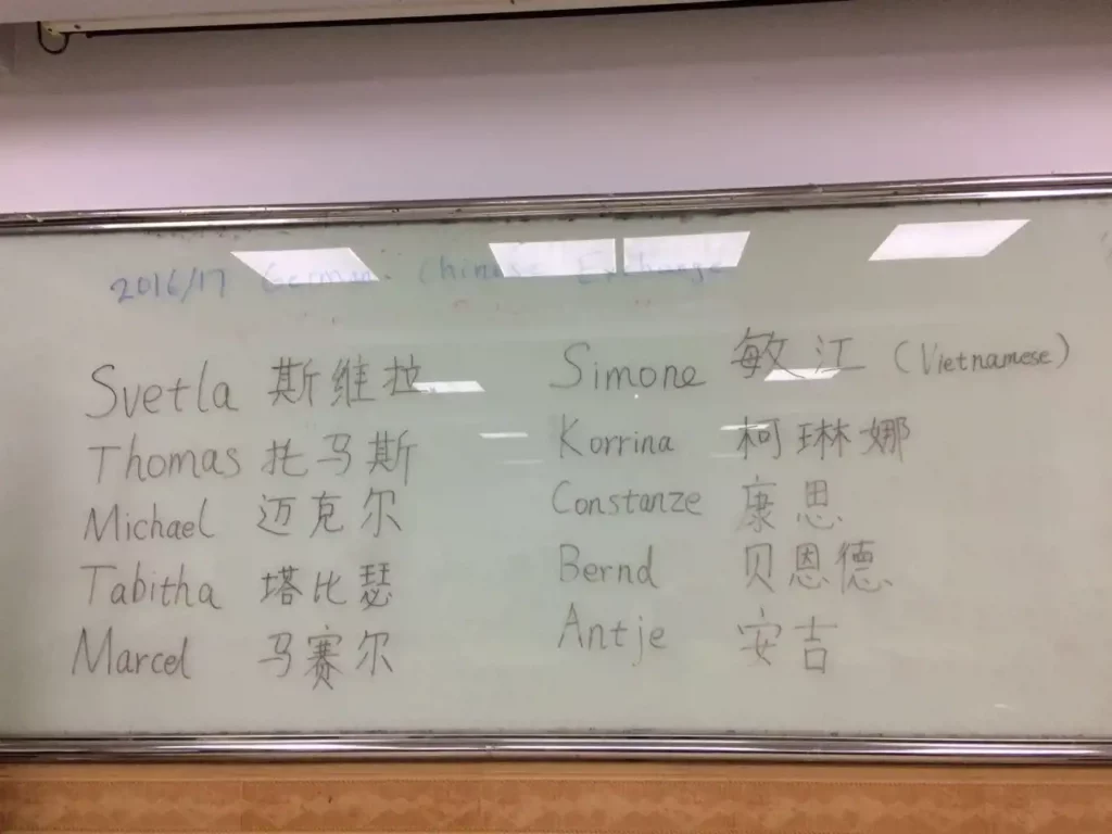 Es ist ein Bild von der Tafel zu sehen, wie die westlichen Namen in chinesische Schriftzeichen umgewandelt werden